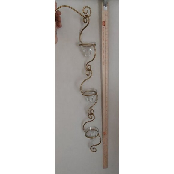 Gold Metal Wall Sconce 3 Candle Holder scroll hanging bracket 30" - Picture 2 of 15